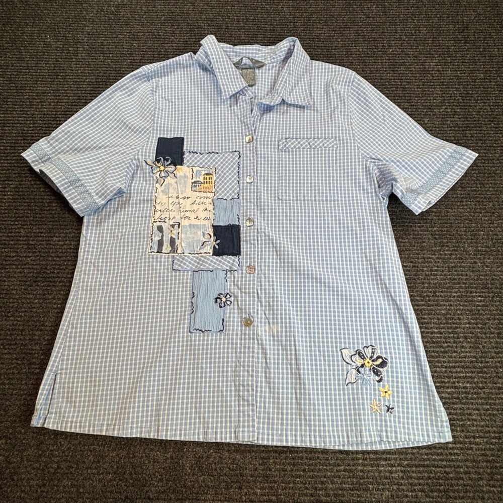 Koret Womens XL Blue Gingham Patchwork Floral Embroidered Button Front Shirt